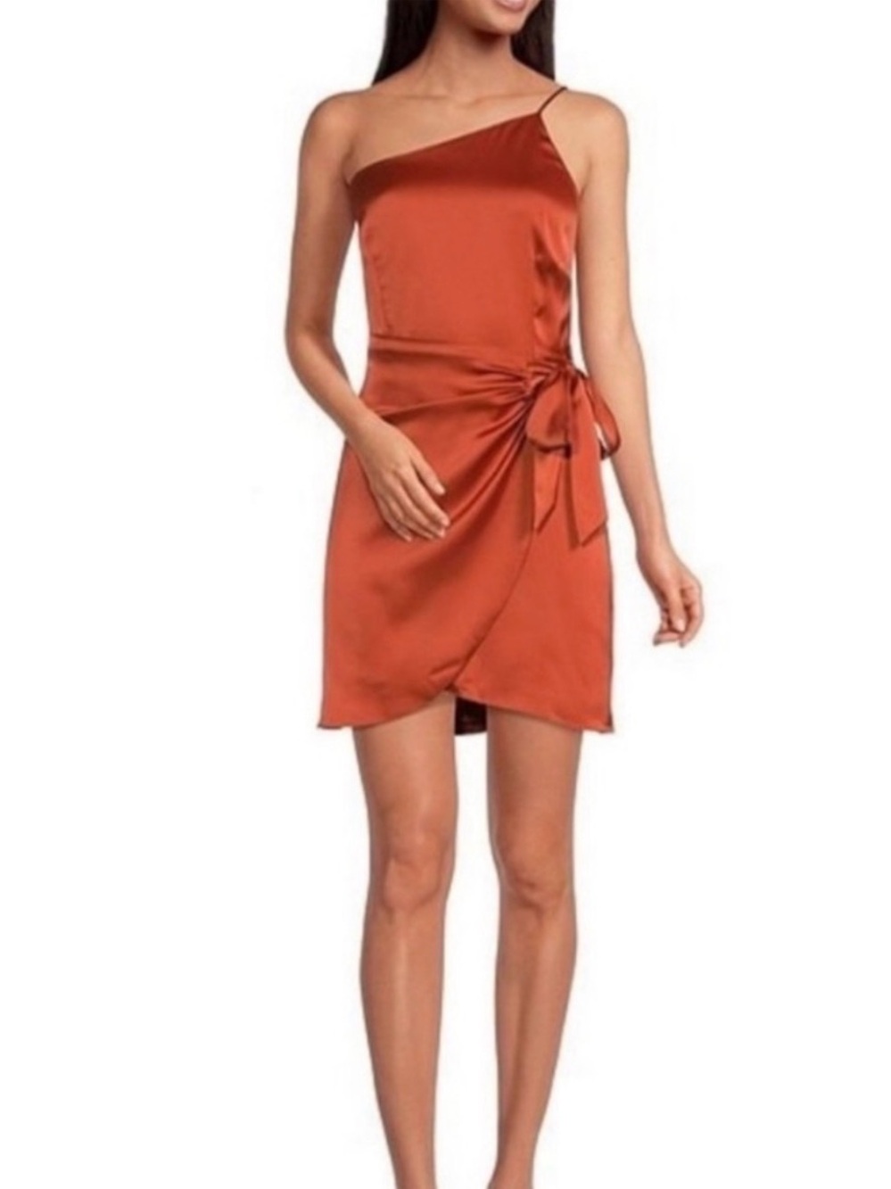 Gianni Bini One-Shoulder Rust Satin Tie-Waist Mini Dress